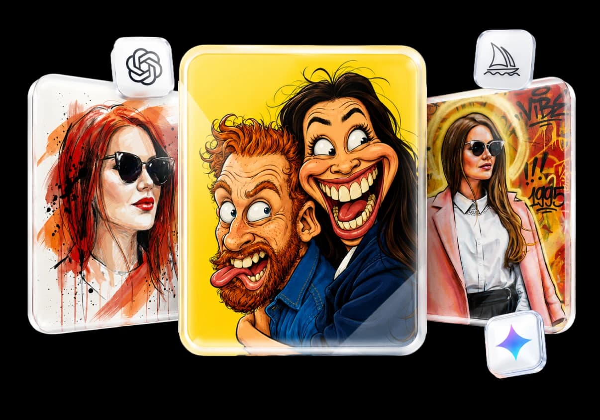 AI-generated portraits in varied artistic styles — watercolor, caricature and graffiti — with AI model logos