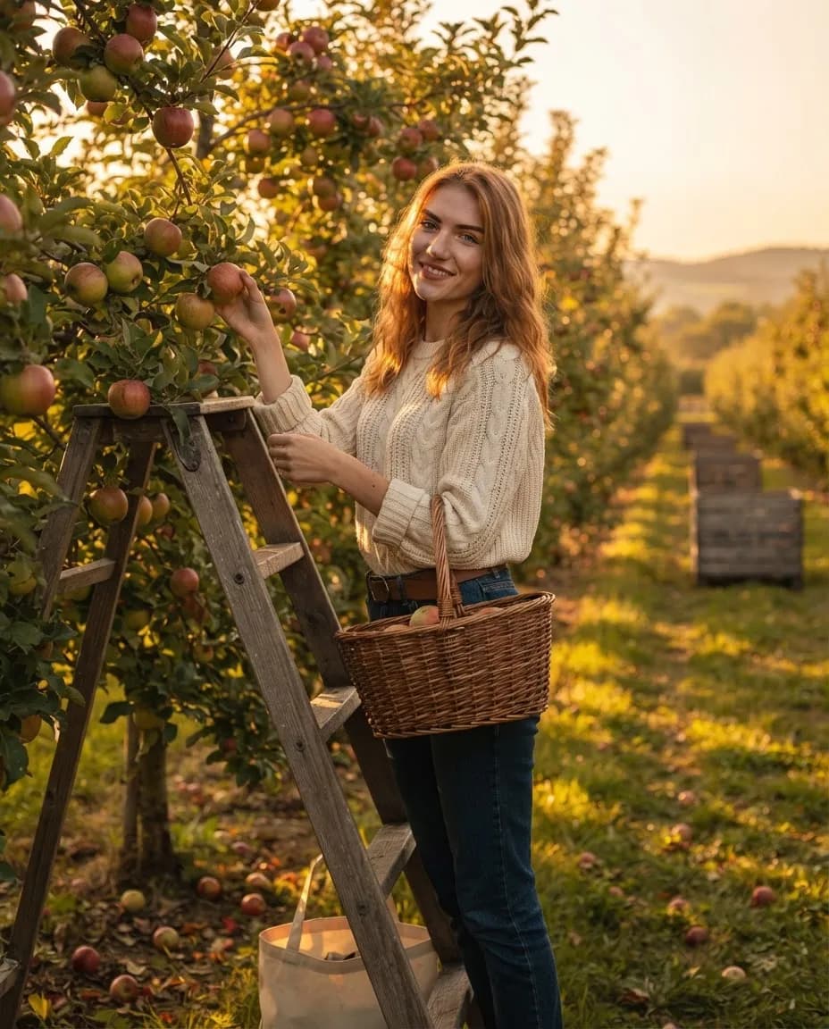 Young woman on a wooden ladder picking apples in an orchard with warm late sunlight through the leaves