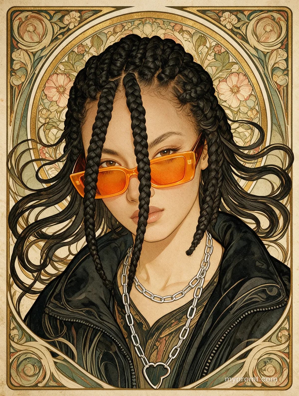 Art Nouveau lithograph portrait with a floral medallion halo, flowing ornamental hair, orange glasses and a chain necklace in muted gold and sage tones