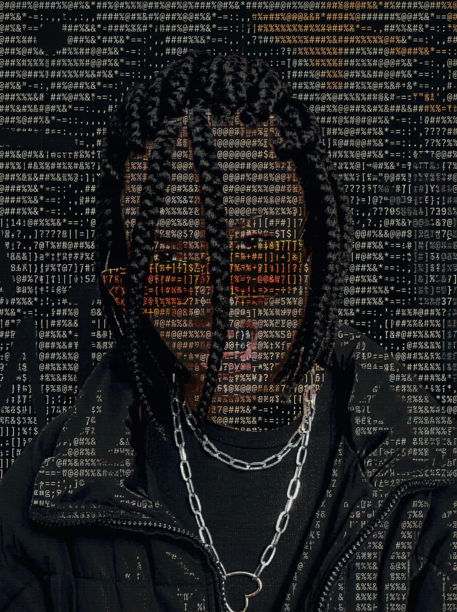 Portrait rendered as dense typed ASCII characters over a dark background