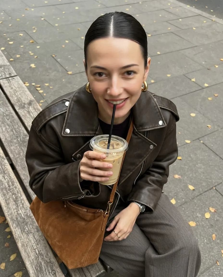 Top-down street photo of a woman on a bench in a brown leather jacket holding an iced coffee
