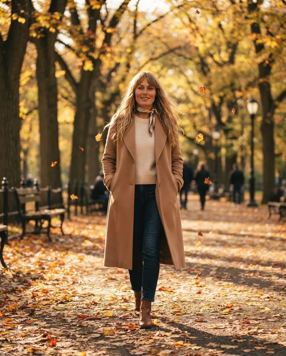 Woman in a long camel trench coat walking through fallen yellow leaves in an autumn park