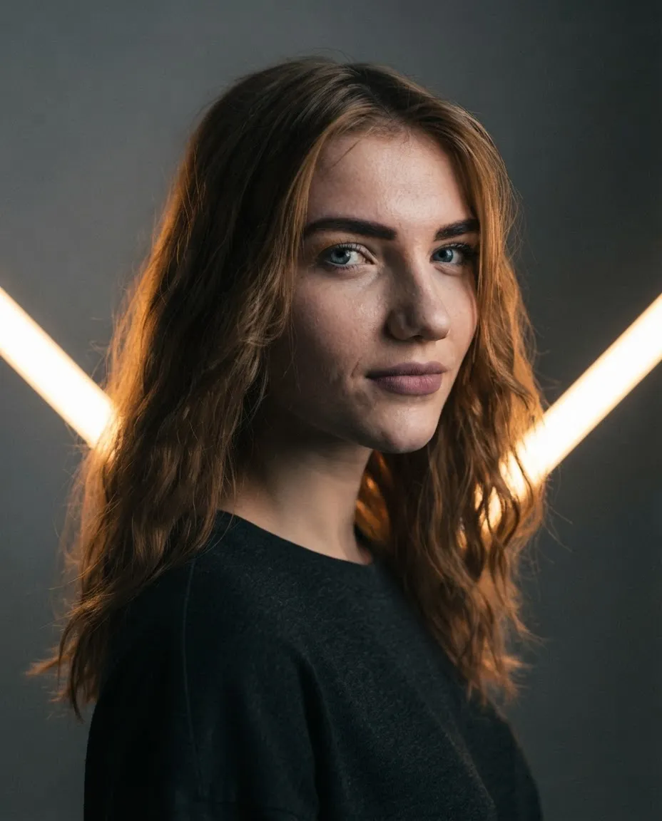Studio portrait lit from behind with a bright rim around the hair and the face in soft shade
