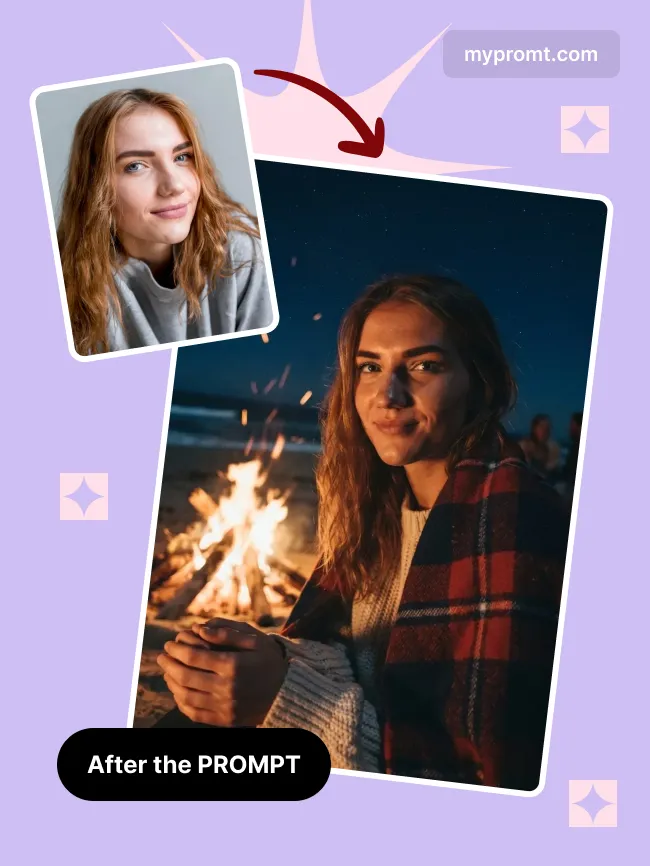Beach bonfire night portrait — example 2