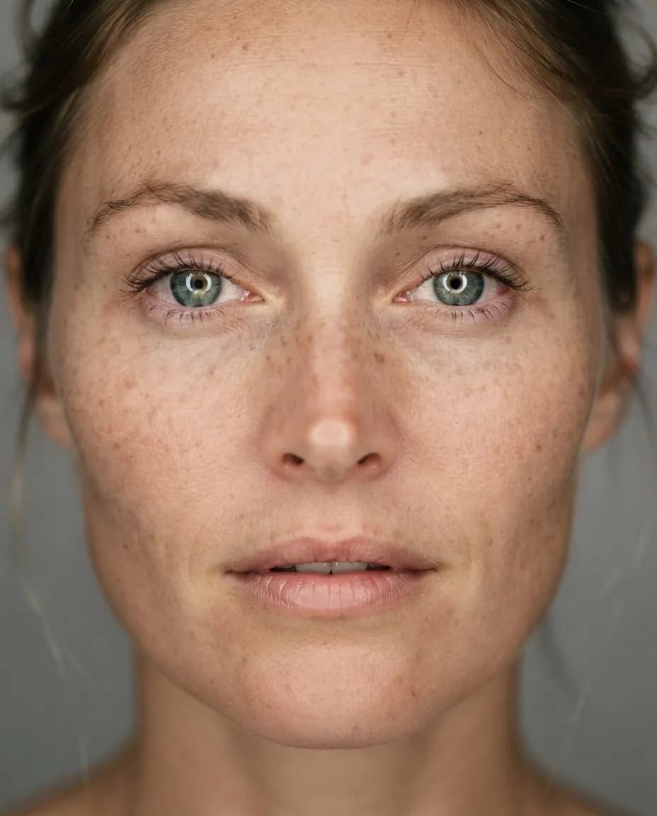 Extreme close-up beauty portrait showing freckles, lashes and natural skin texture in soft light