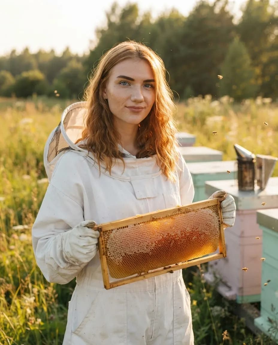 Young woman in a beekeeping suit holding a honeycomb frame in a sunlit apiary