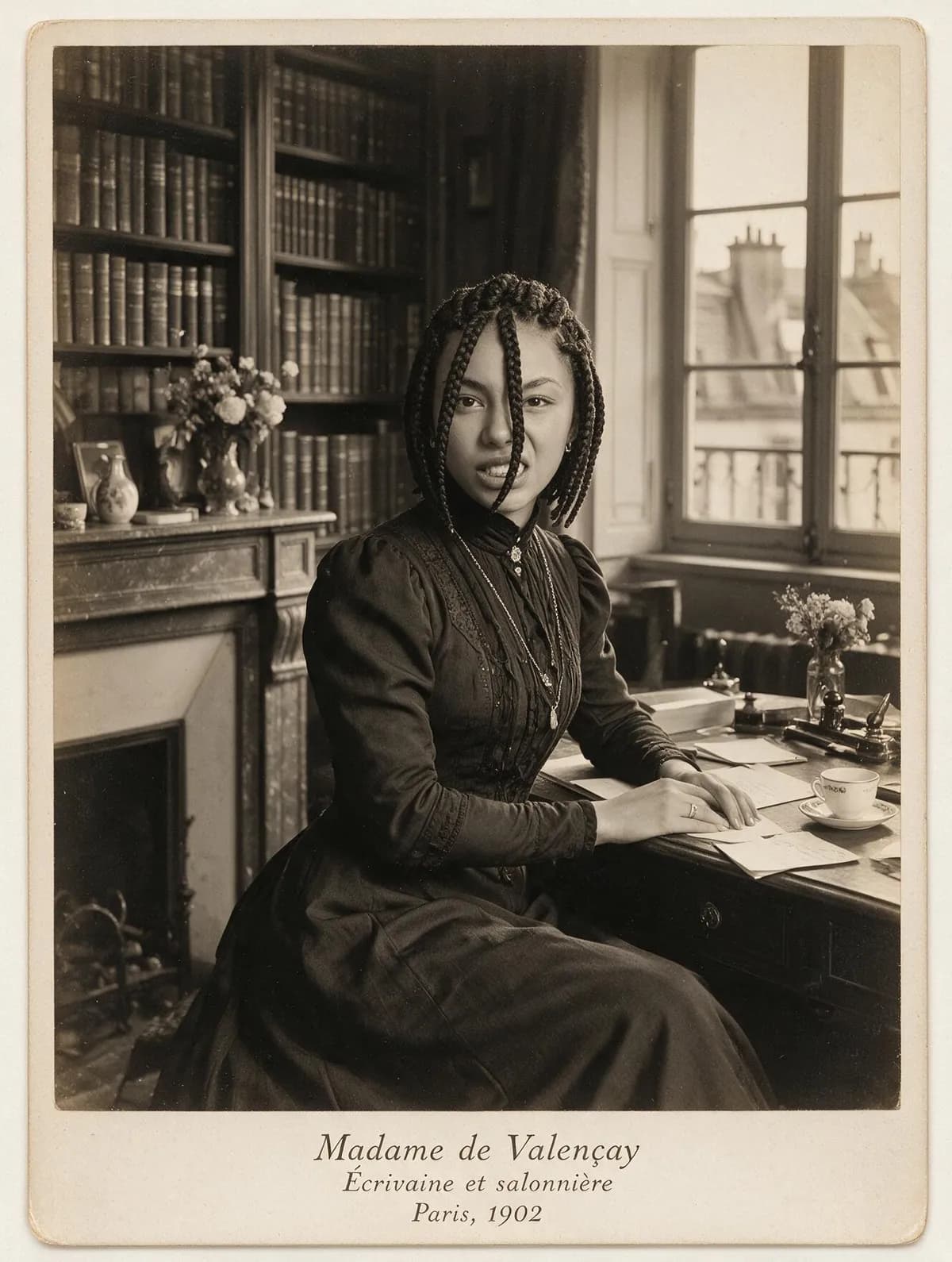 Sepia cabinet card portrait of a woman at a writing desk in a Parisian library, captioned Madame de Valençay, Paris 1902