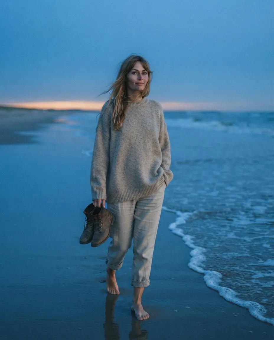 Woman in a knit sweater on a beach at blue hour with wet sand reflecting the sky