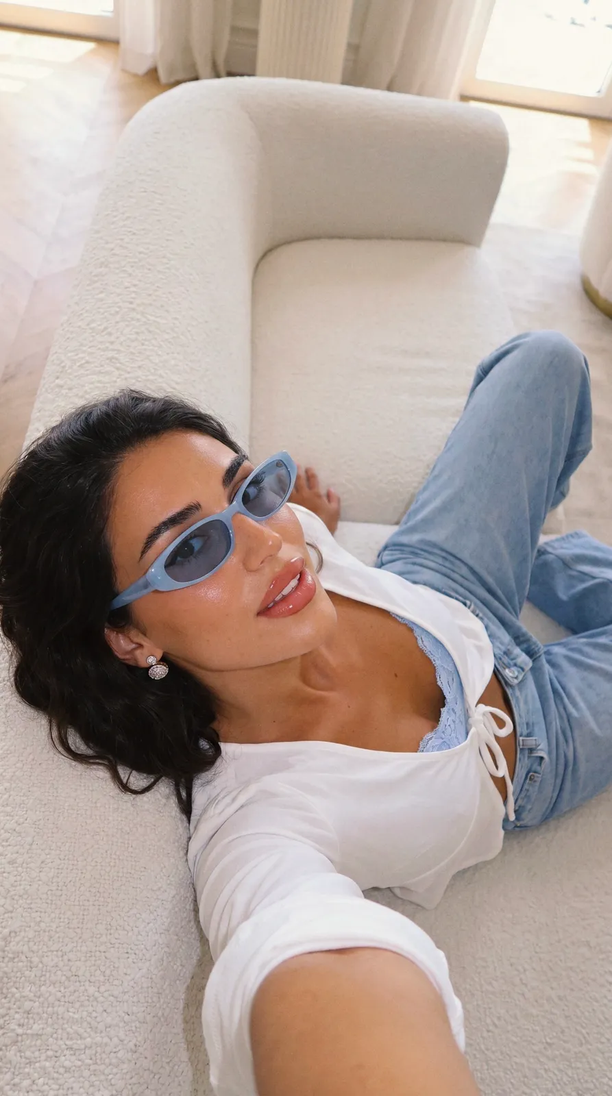 Bouclé sofa luxury selfie — example 2