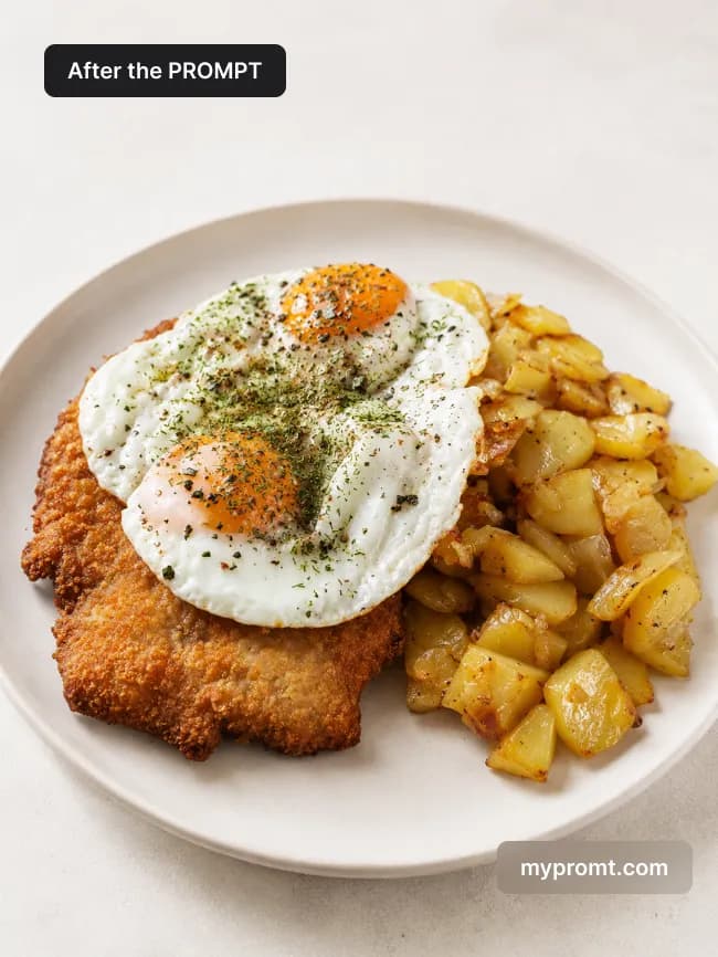 Schnitzel with a fried egg and roast potatoes on a white plate against a bright ivory background
