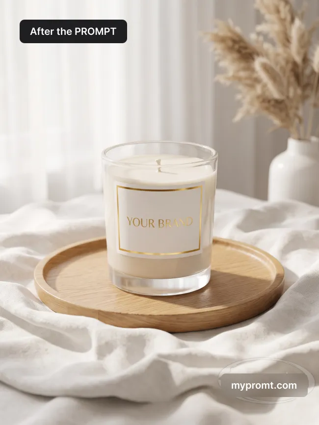 White candle on a round wooden tray over draped linen, dried pampas grass blurred behind