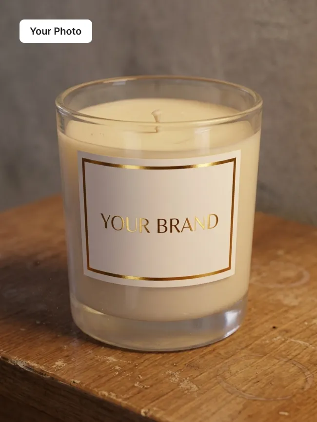 Plain phone photo of a white candle in a glass jar on a wooden table
