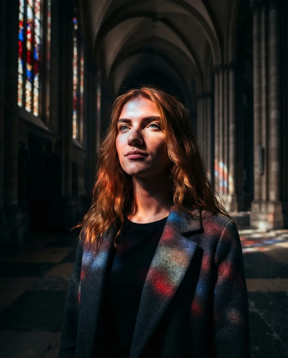 Young woman standing in coloured light from a stained glass window inside a stone cathedral