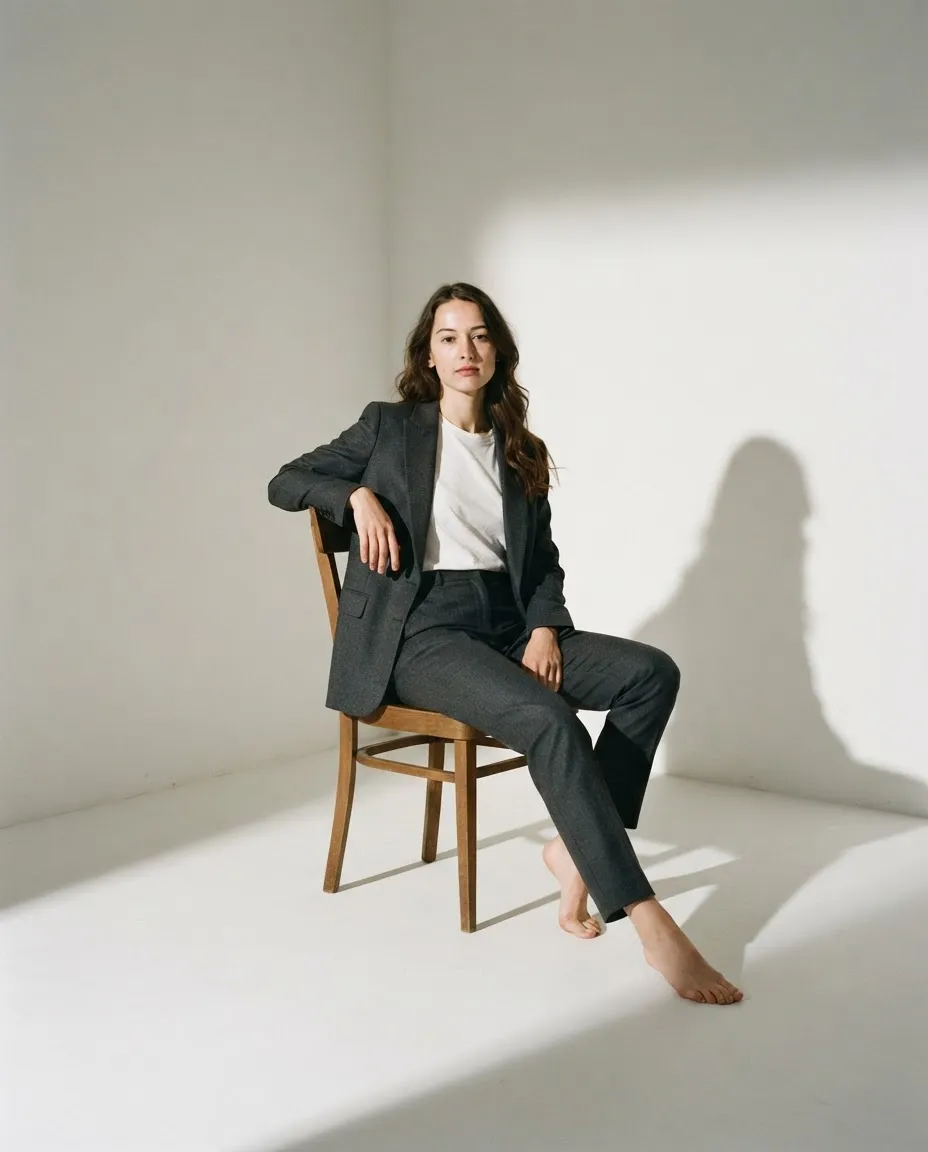 Full-length studio portrait seated on a chair with a long hard shadow across floor and wall