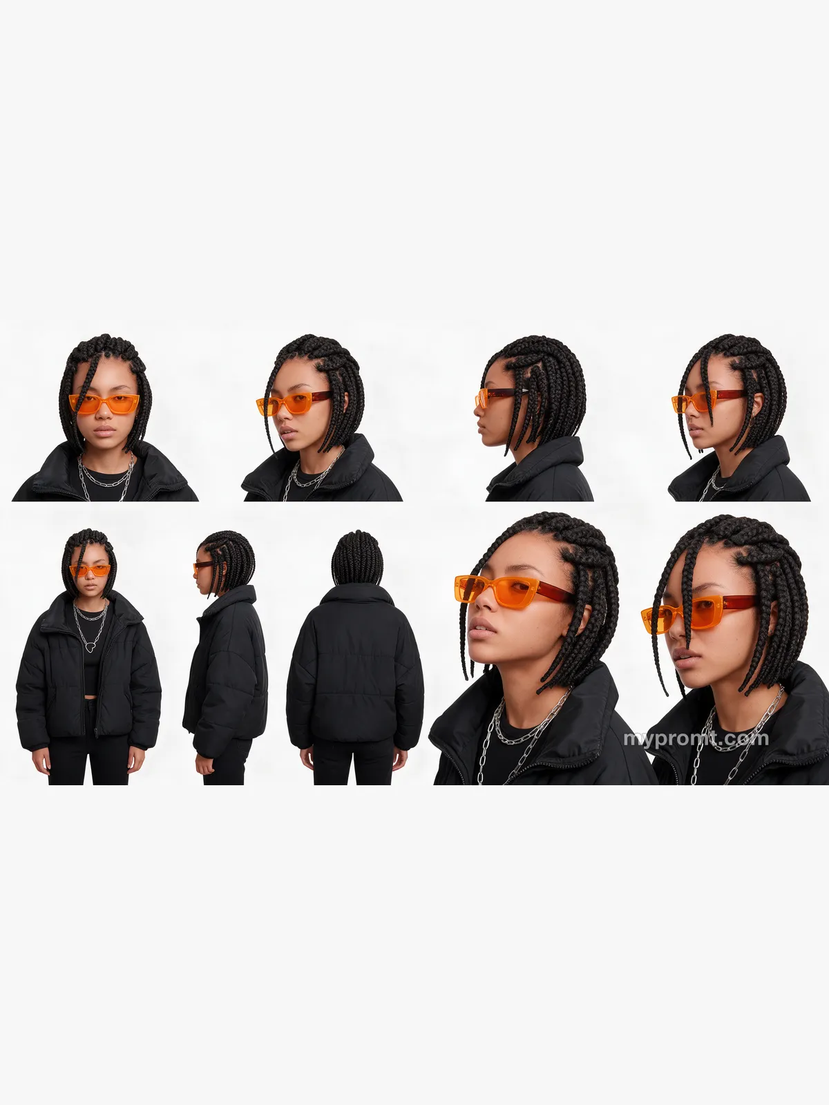 Character reference sheet with four head-and-shoulders portraits, three full-body turnaround views and two face close-ups of the same person on a white background