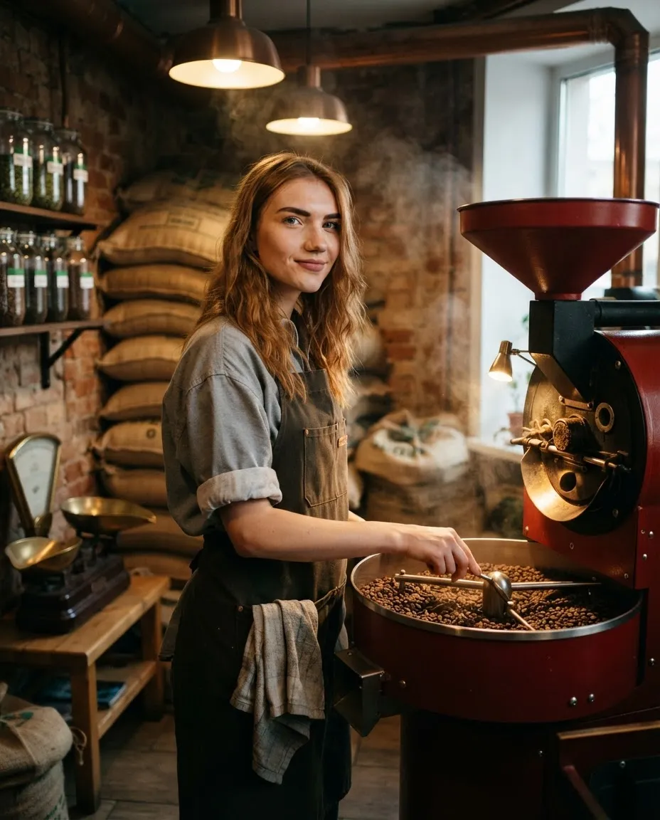Young woman beside a drum coffee roaster with burlap sacks and beans cooling in the tray