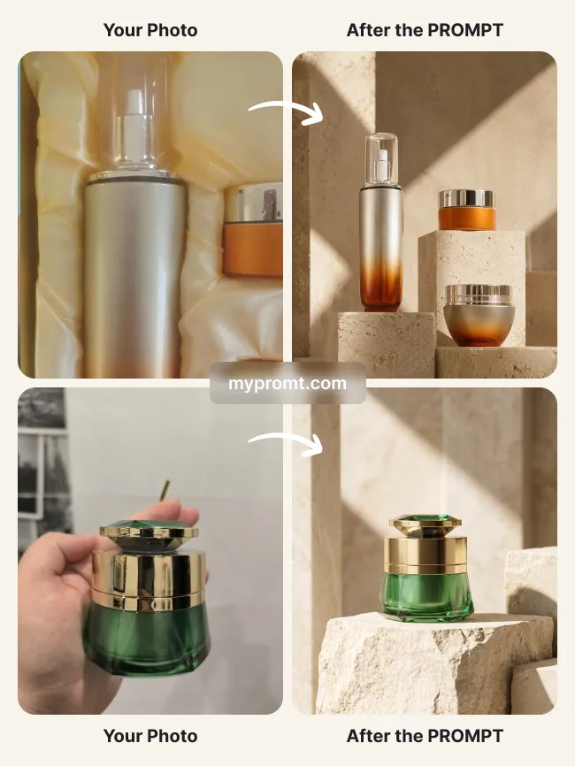 Cosmetics campaign on sculptural stone pedestals — example 2