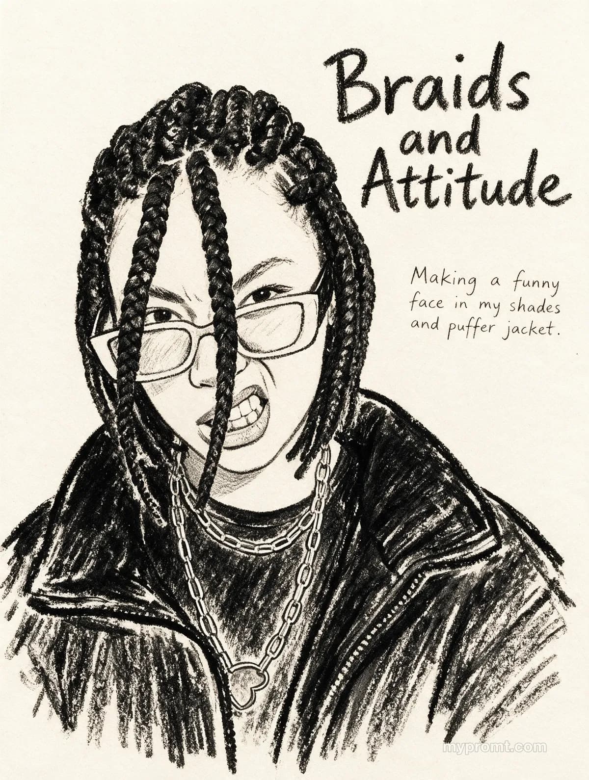 Monochrome crayon illustration on ivory paper of a person with braids and glasses, hand-lettered Braids and Attitude beside it