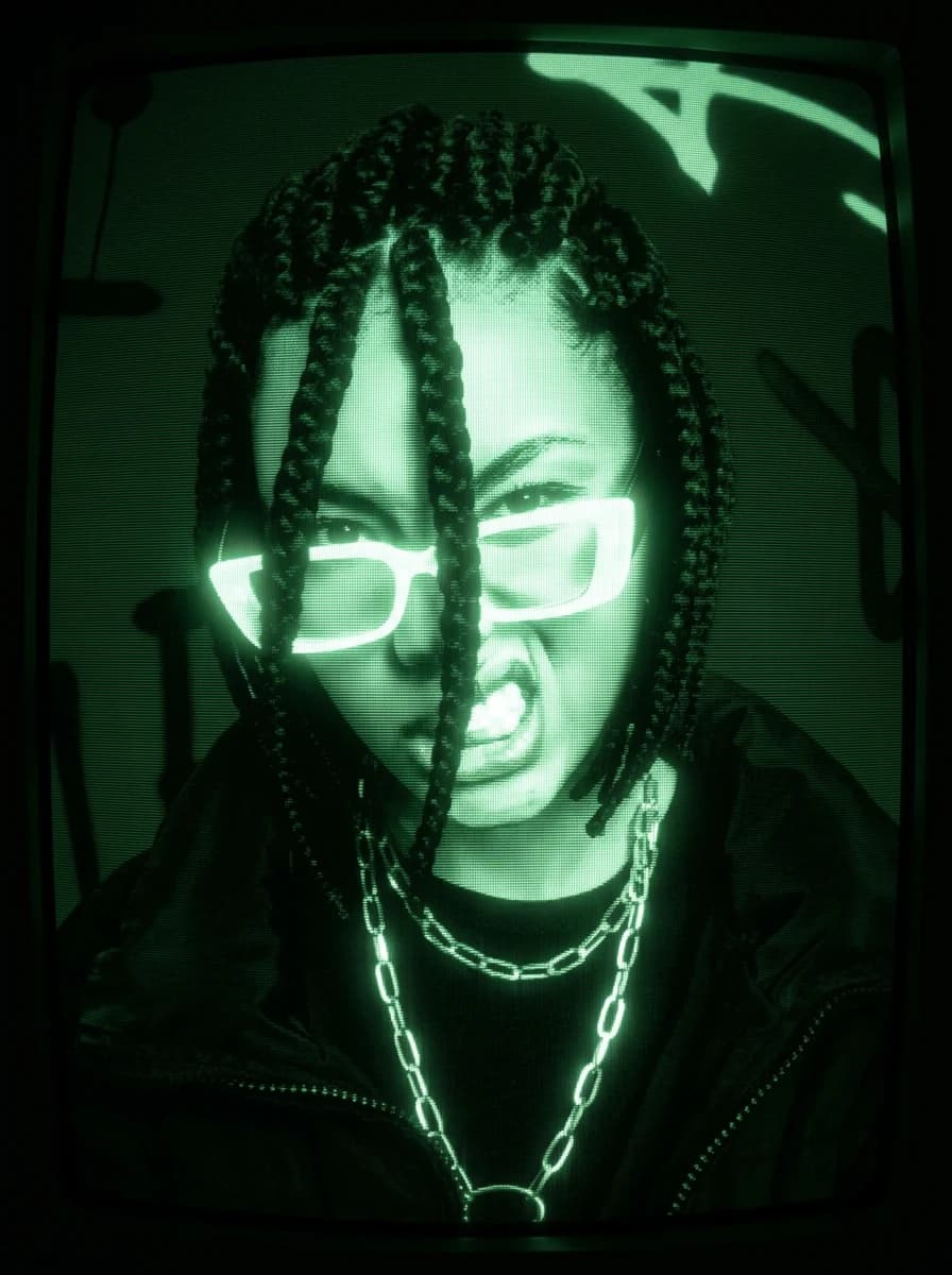 Portrait shown in green phosphor on a CRT monitor with scanlines and heavy vignette