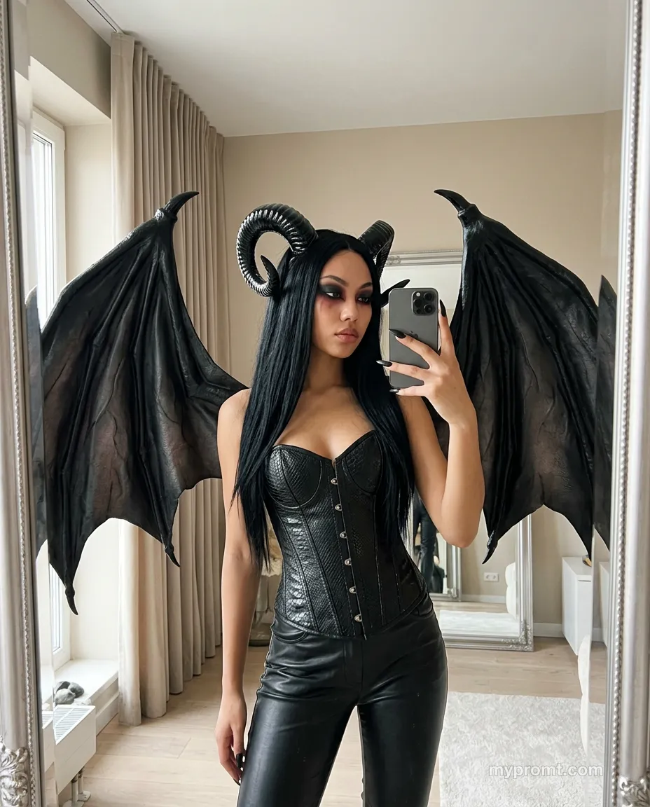 Mirror selfie of a woman dressed as a dark fantasy demon with ram horns, black bat wings and a reptile-scale leather corset in a beige apartment