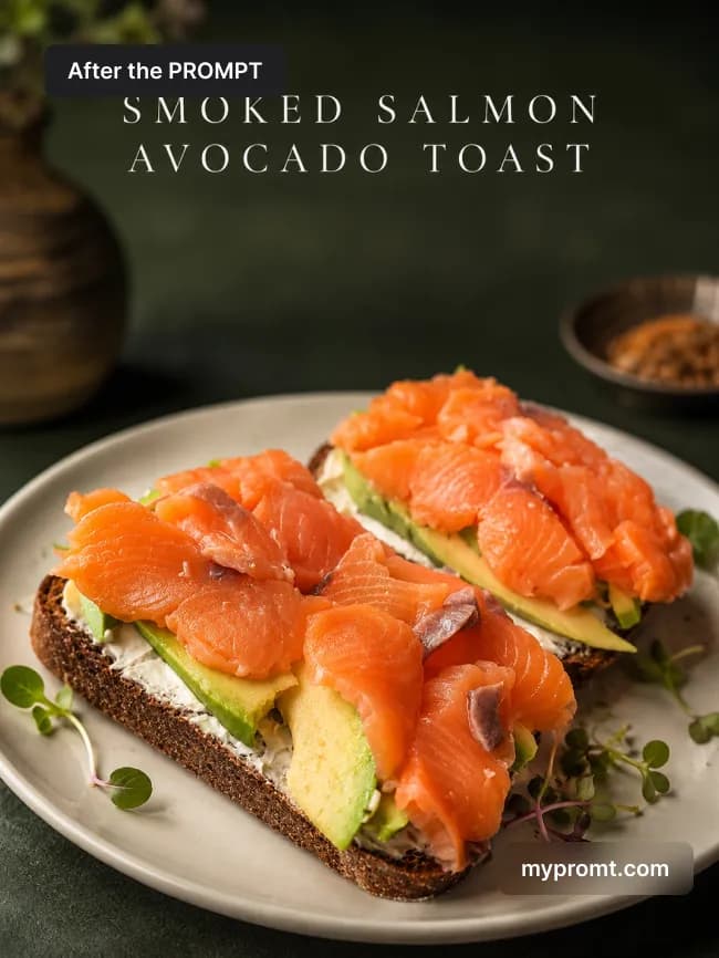 Smoked salmon avocado toast plated against a dark restaurant background with the dish name in serif type