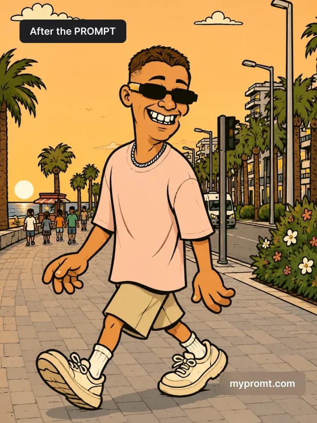 Cartoon version of the same man walking the promenade, thick black outlines and flat colour