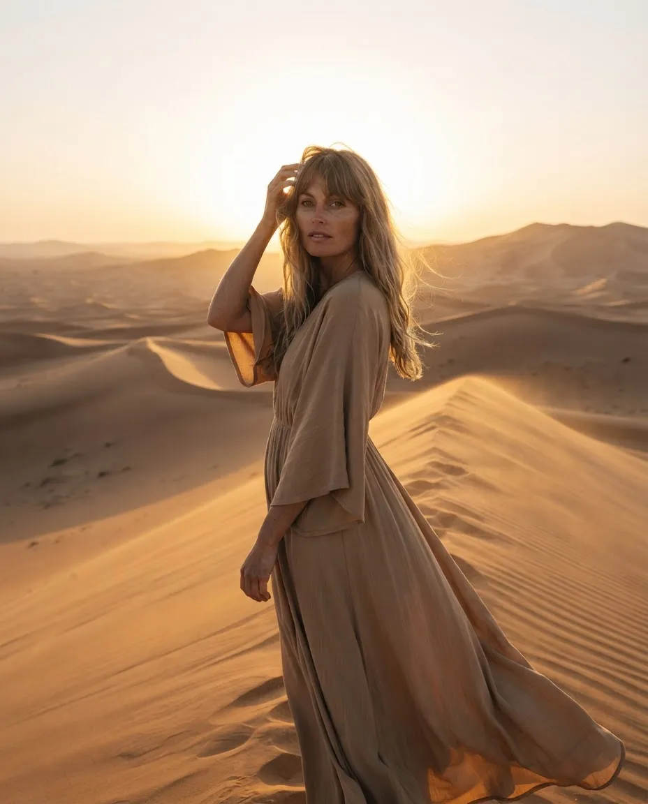 Woman in a flowing sand-coloured dress standing on desert dunes at sunset, wind moving the fabric