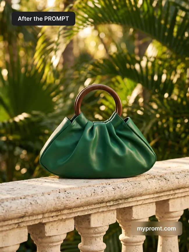 Green pleated handbag with a wooden handle on a cream stone balustrade, palm garden blurred behind