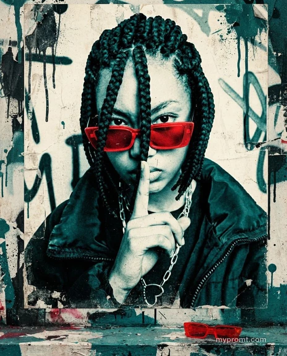 Distressed street art poster in teal, red and black of a person in red sunglasses raising one finger to their lips