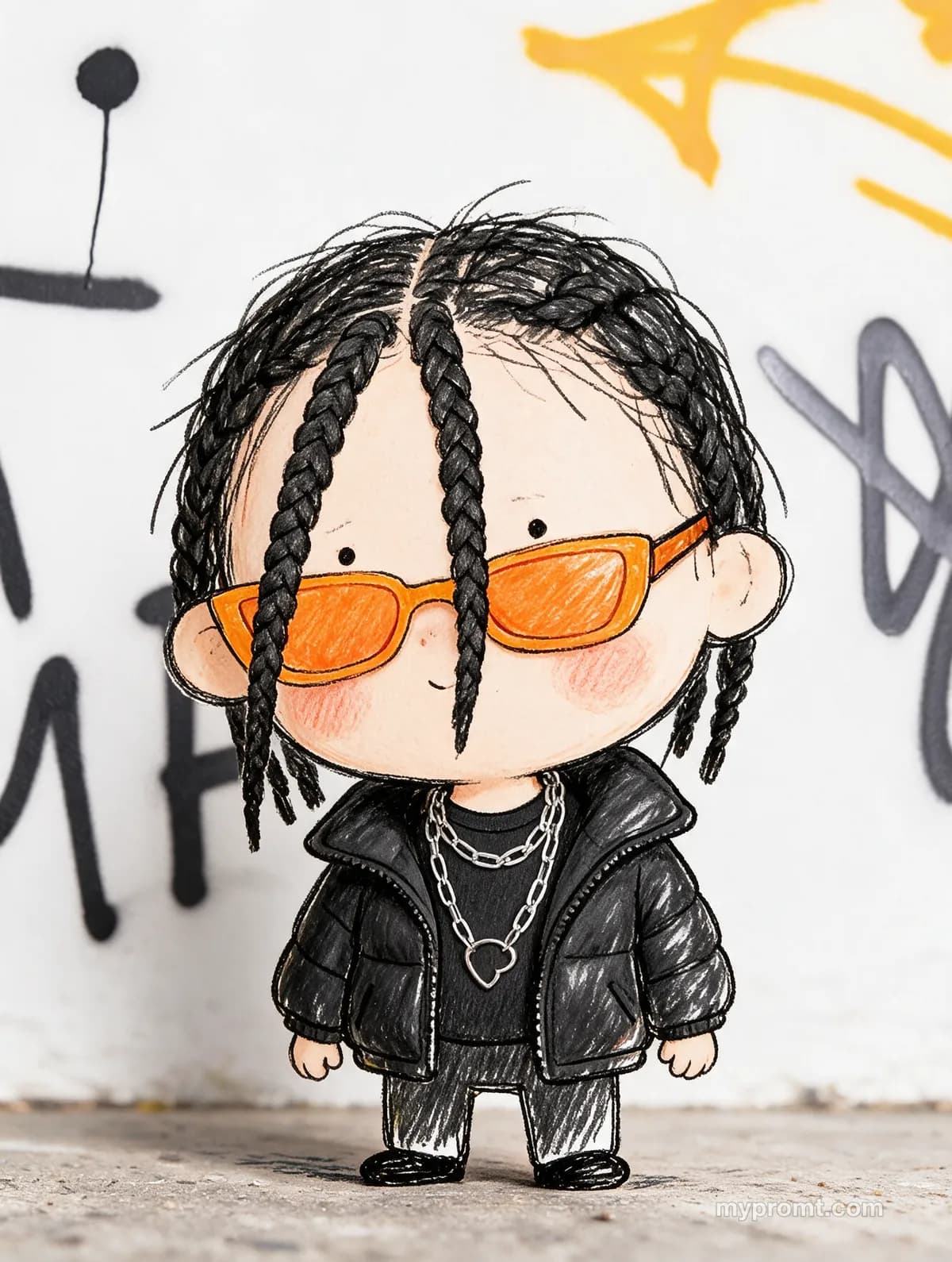 Hand-drawn doodle character with braids, orange glasses and a puffer jacket standing in front of an unchanged photographic graffiti wall