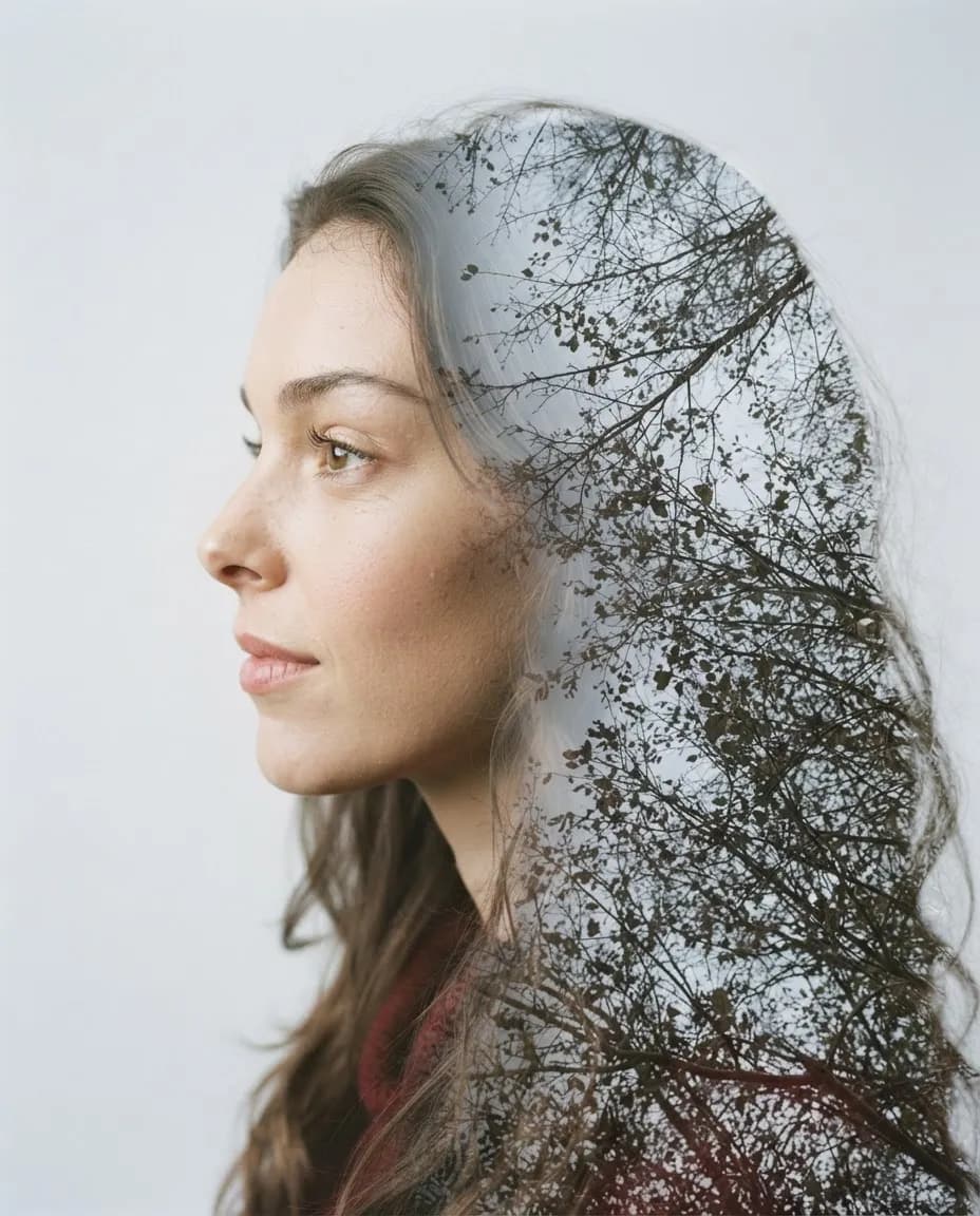 Double exposure portrait with a silhouette filled by branches and leaves