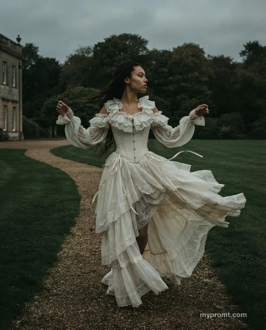 Woman in a layered off-white Victorian gown walking a gravel path in front of a stone mansion, fabric pulled sideways by the wind under overcast light