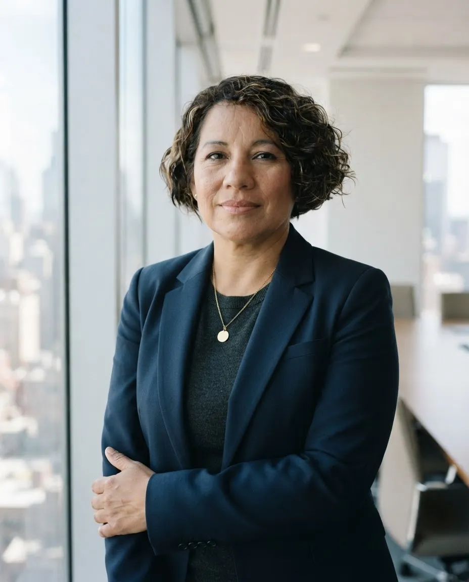 Woman in a tailored navy blazer standing by a boardroom window with a city view behind her