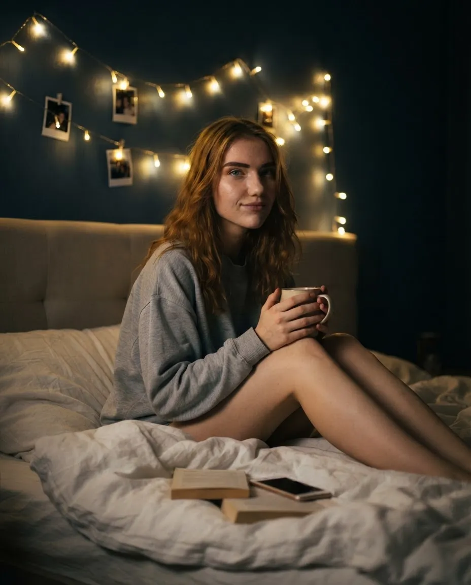 Young woman on a bed at night lit by warm fairy lights strung along the wall behind her