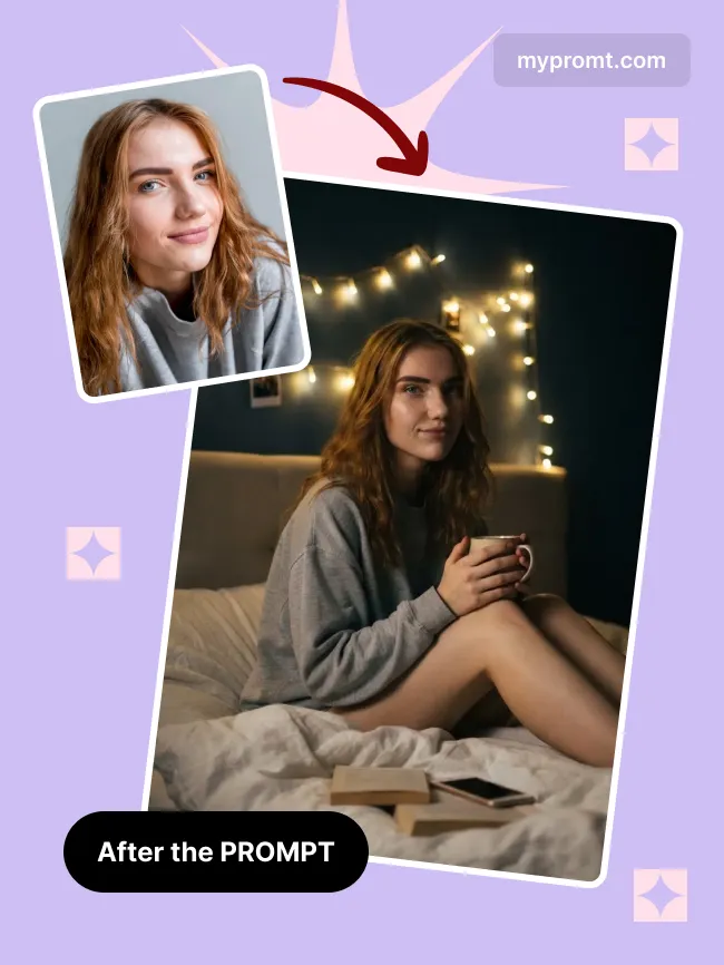 Fairy light bedroom night portrait — example 2