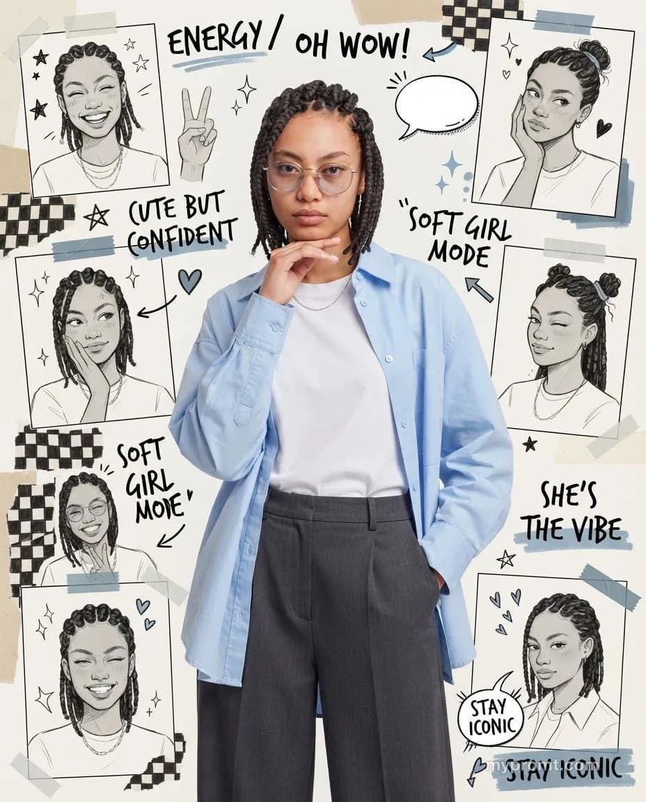 Fashion moodboard collage with a photographed woman in a powder-blue shirt surrounded by taped pencil sketches of herself and handwritten marker captions