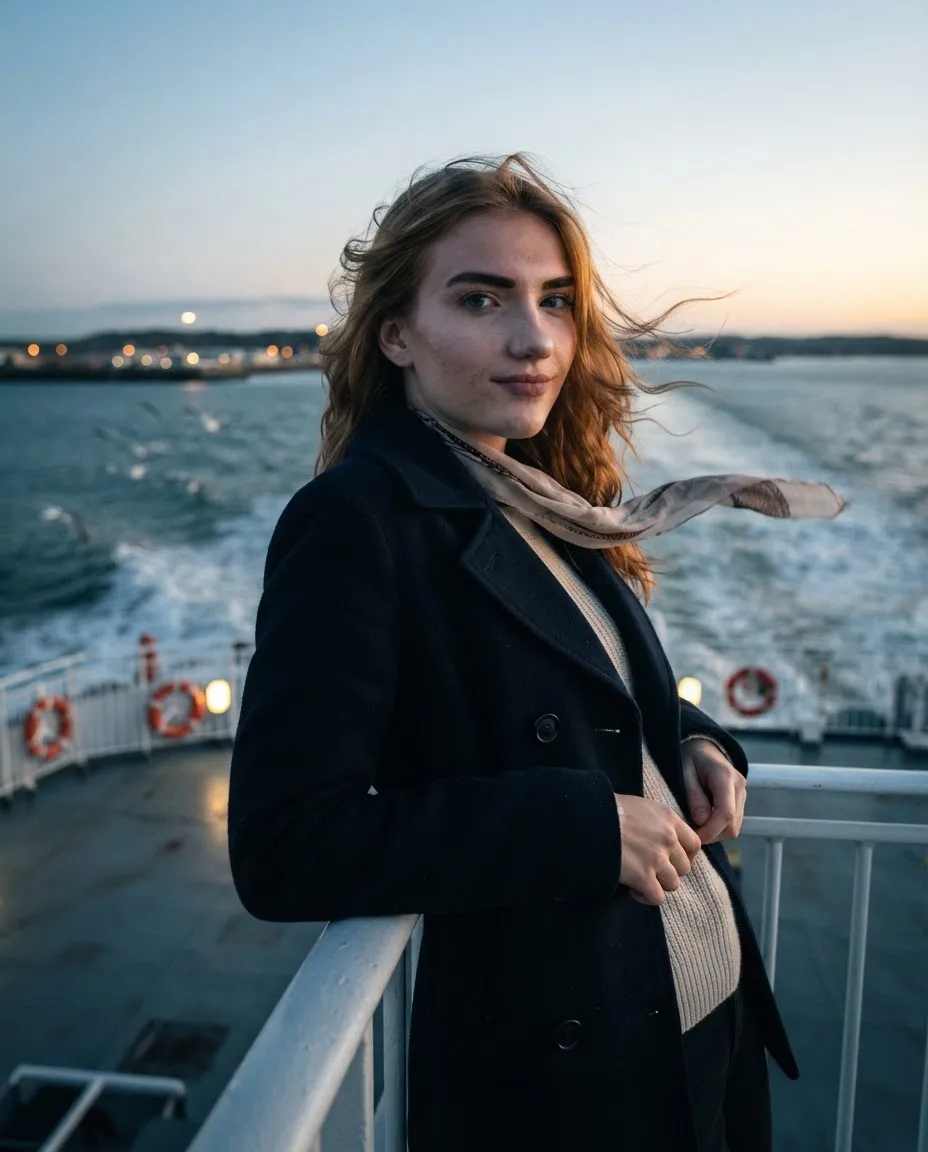 Young woman at a ferry railing at dusk with the wake trailing behind and harbour lights on the horizon