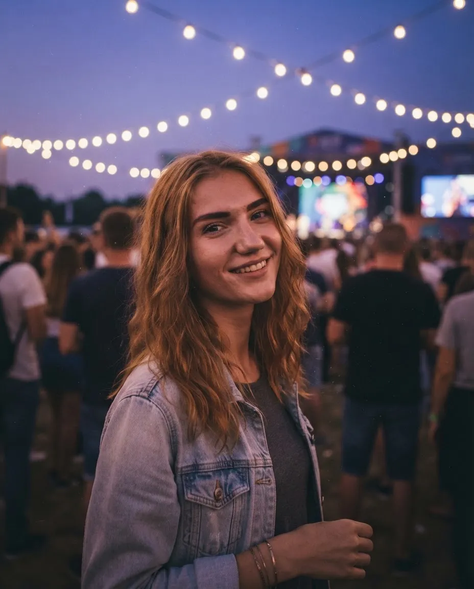 Young woman at an open-air festival at dusk under strings of warm bulbs with a blurred crowd behind