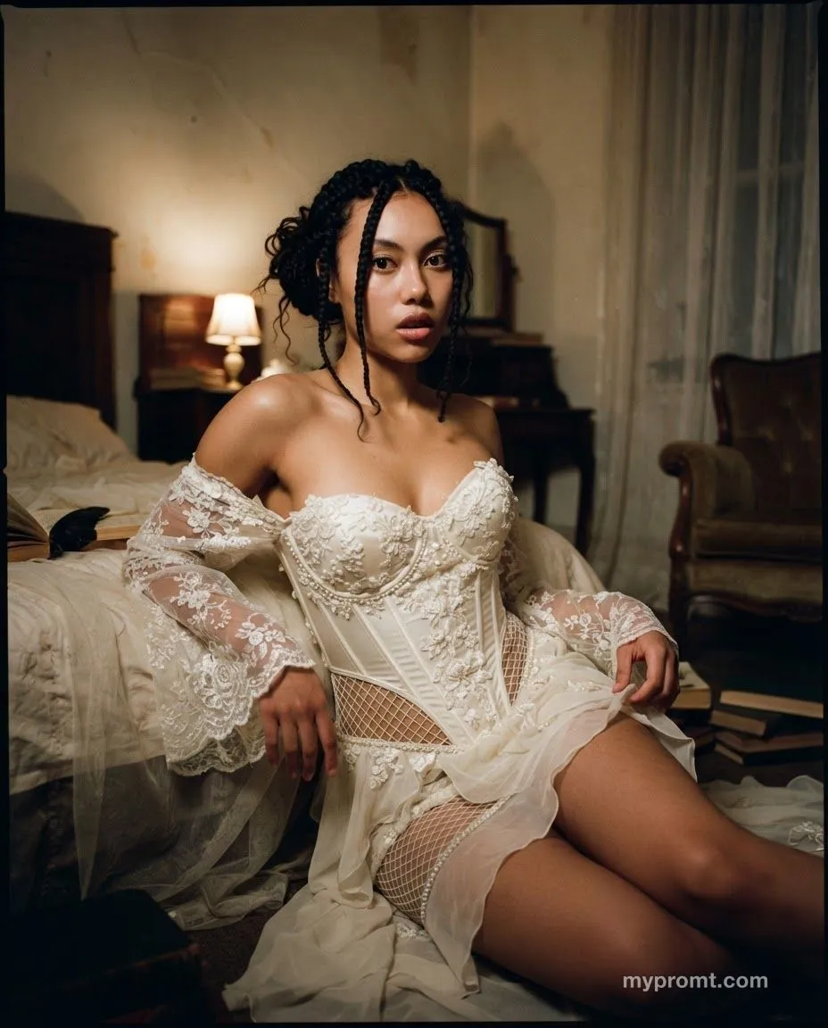 Disposable camera photograph of a woman in an ivory lace corset dress sitting on the floor beside a vintage bed in a warm lamplit room