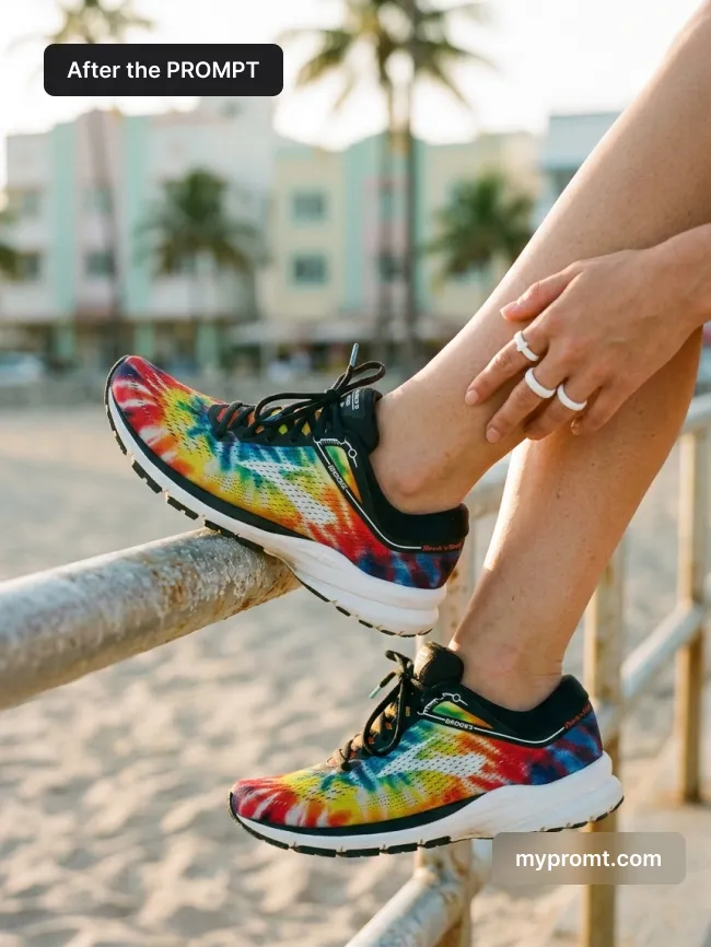 Tie-dye sneakers on crossed legs resting on a beach boardwalk railing at golden hour