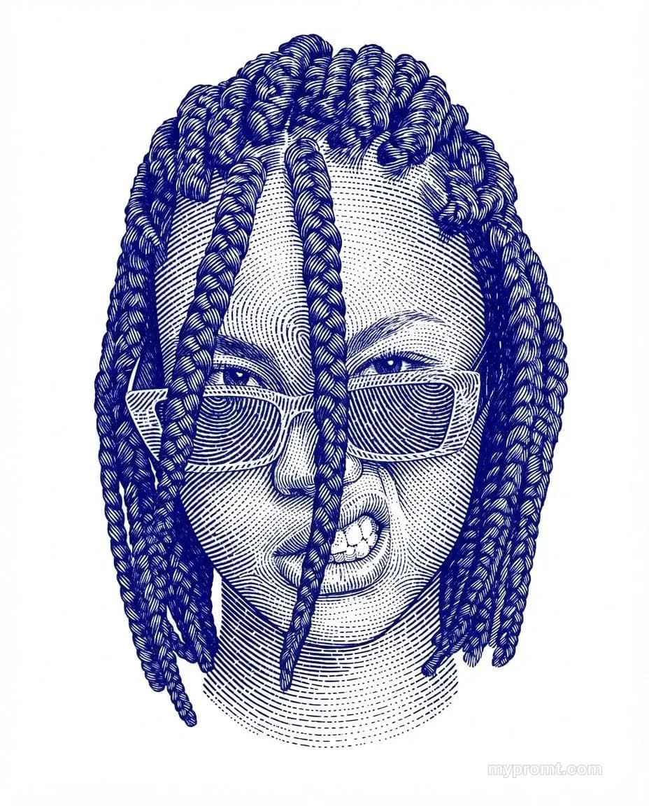 Portrait built from dense deep blue ridge lines on a white background, showing braided hair and rectangular glasses