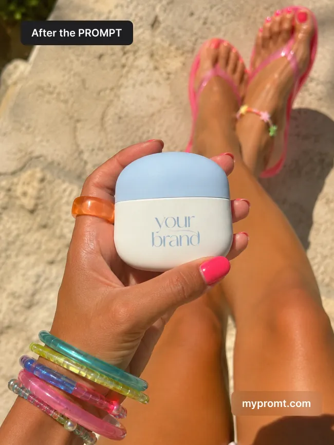 White cream jar held in one hand above tanned legs in pink flip-flops on the sand
