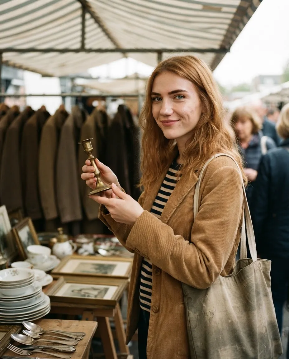 Young woman examining a brass object at a crowded flea market stall full of antiques