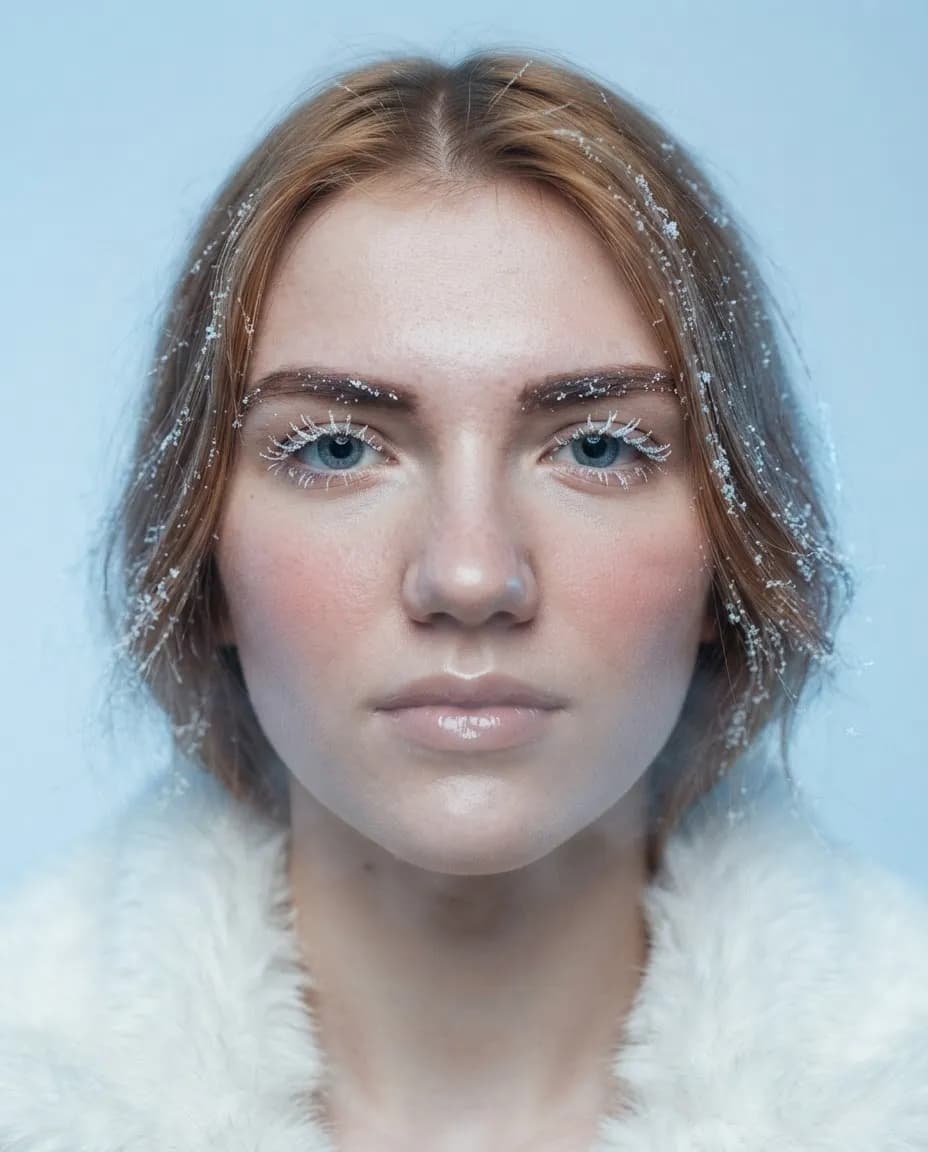Beauty portrait with frost on the lashes and brows against a cold ice-blue backdrop