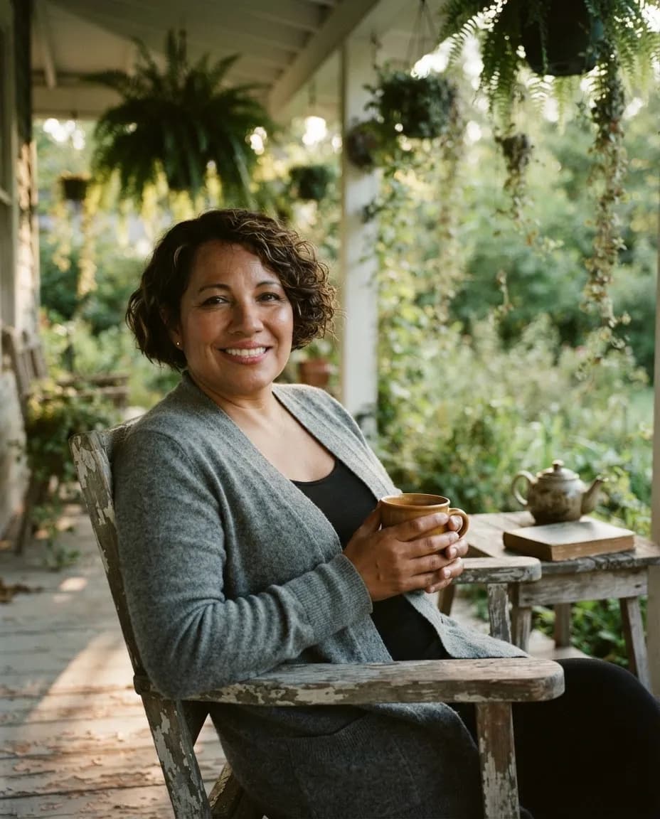 Woman with a coffee mug on a garden porch surrounded by hanging plants in soft morning light