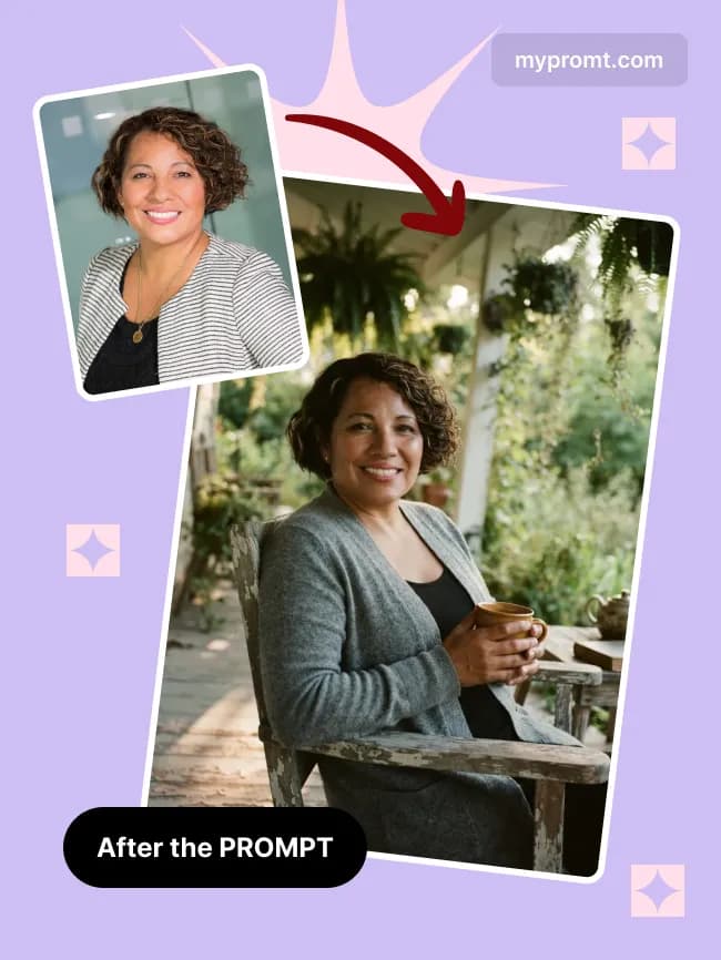 Garden porch morning coffee portrait — example 2