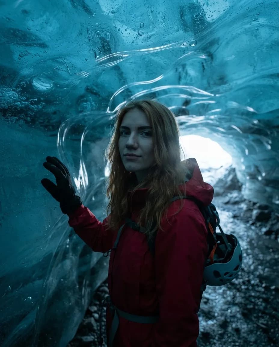 Young woman inside a glacier ice cave lit by deep blue light through the ice