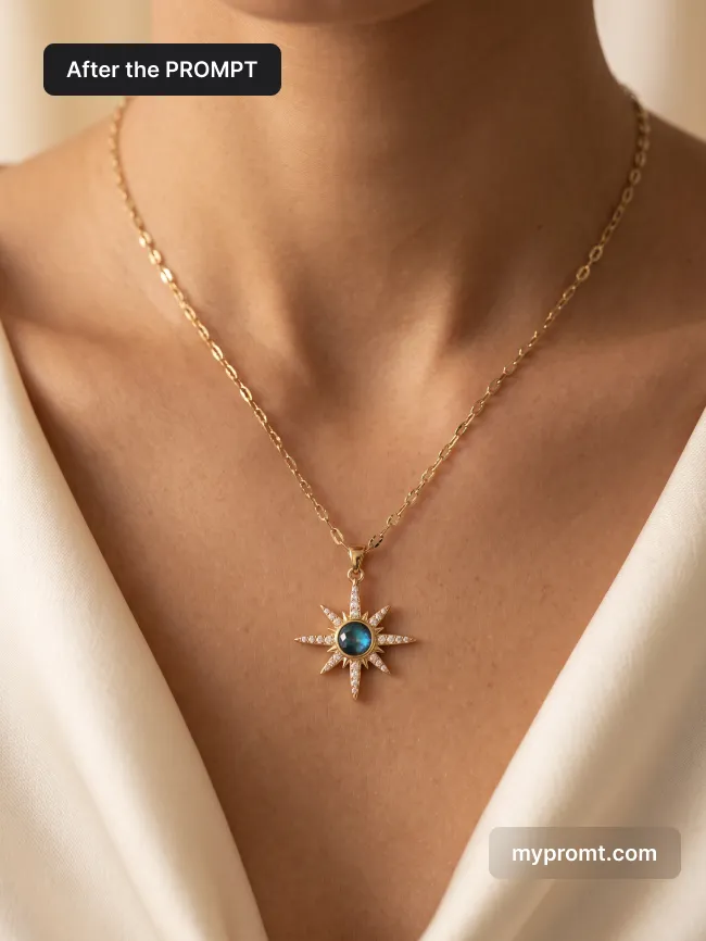 Gold star pendant with a blue stone resting on a collarbone, ivory silk framing the neckline