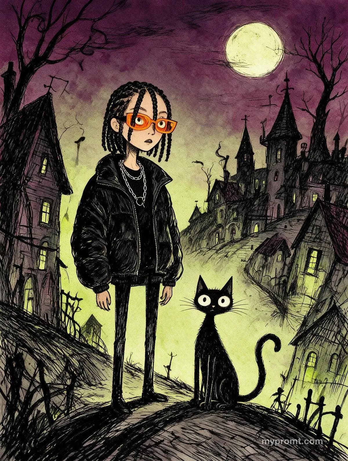Gothic ink storybook illustration of a spindly character with braids and orange glasses standing beside a black cat above a crooked moonlit village