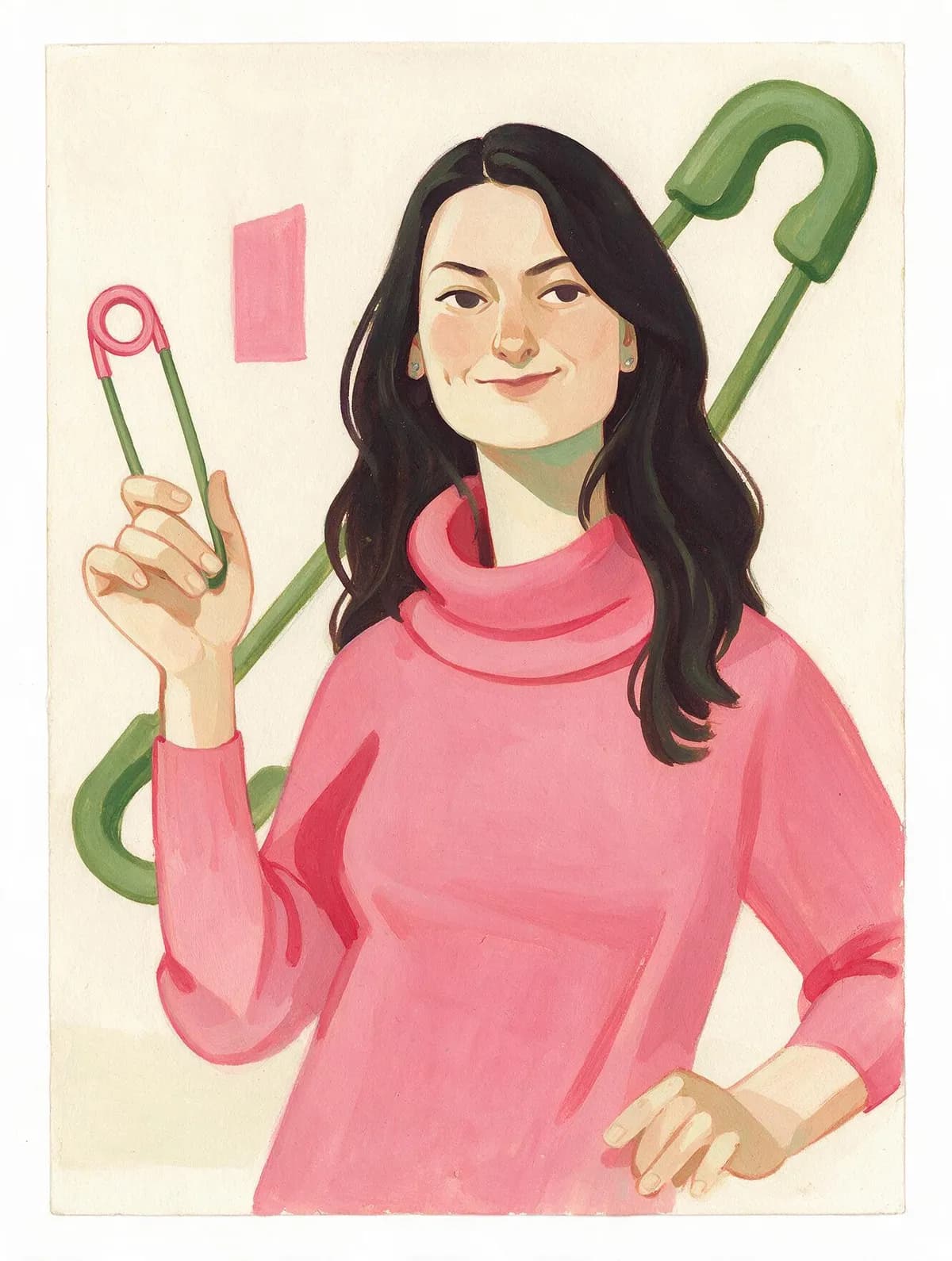 Gouache-style character illustration in sage green and rose pink on cream paper, painted from a photo